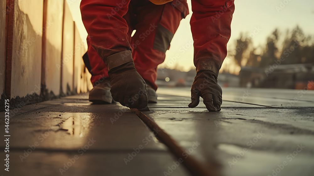 Fototapeta premium Construction Worker Installing Concrete Slabs