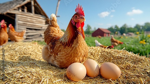 Close-up of a chicken sitting in front of eggs in front of a village stable, a hen laying eggs, laying hens, hens hatching eggs on a farm.