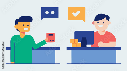 Exchange of Goods A split illustration showing two panels the first panel depicts the customer at the cashiers counter gleefully displaying their phone with social media likes