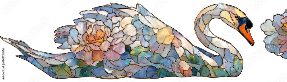 Swan adorned with colorful flowers, white isolate background.