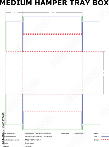 Detailed blueprint of a medium hamper tray box with dimensions and design specifications