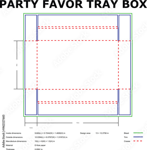 Party favor tray box template design with dimensions and construction guidelines