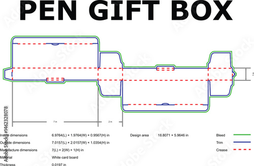 Detailed blueprint design of a pen gift box with dimensions and manufacturing specifications