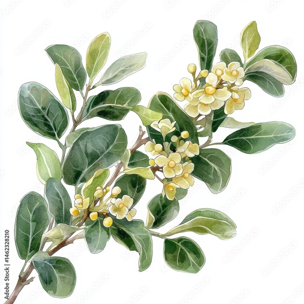 Obraz premium Discover the beauty of Boswellia carterii tree leaves and flowers through watercolor art.