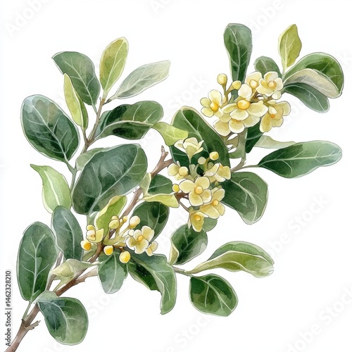 Fototapeta Naklejka Na Ścianę i Meble -  Discover the beauty of Boswellia carterii tree leaves and flowers through watercolor art.