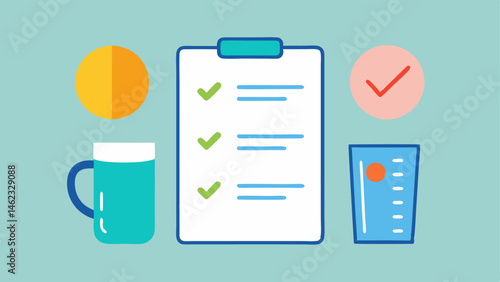Hydration Goals A checklist graphic next to the device with items like Drink 8 glasses and little checkmarks indicating completion representing daily hydration goals.