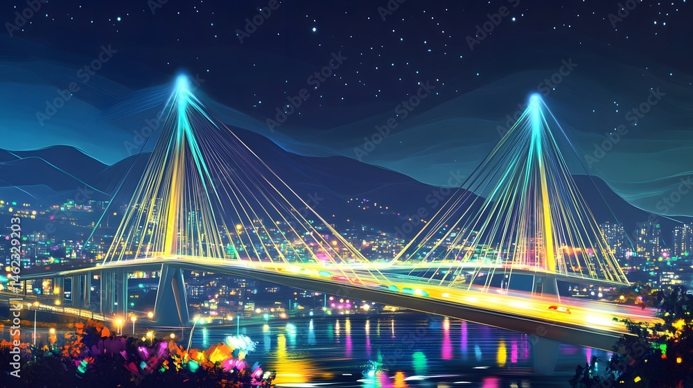 Obraz premium Vibrant nighttime city scene with illuminated suspension bridge.
