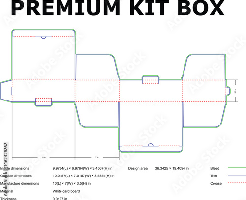 Detailed diagram of premium kit box die cut template with precise measurements and dimensions