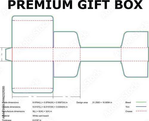 Detailed blueprint of a premium gift box with manufacturing specifications and dimensions outlined.