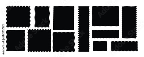 Zig zag wavy edge rectangle frame or border shapes set. jagged geometric rectangular. Geometric shapes with scallop and zigzag edges set. Silhouette stickers circle, square, oval and rectangle labels.