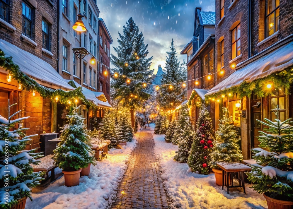 Fototapeta premium Panoramic Winter Street Market: Christmas Trees & Festive Alley Charm
