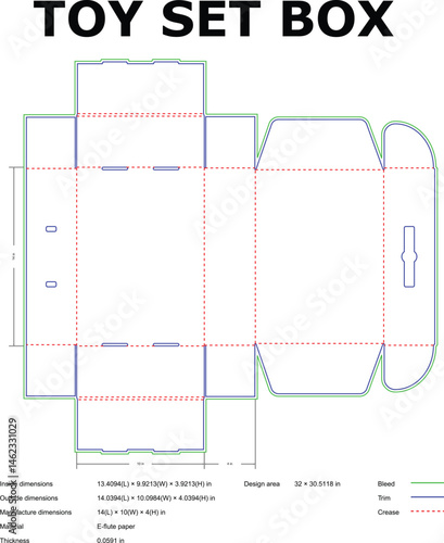 Detailed flat vector design of a toy set box packaging with measurements and dimensions