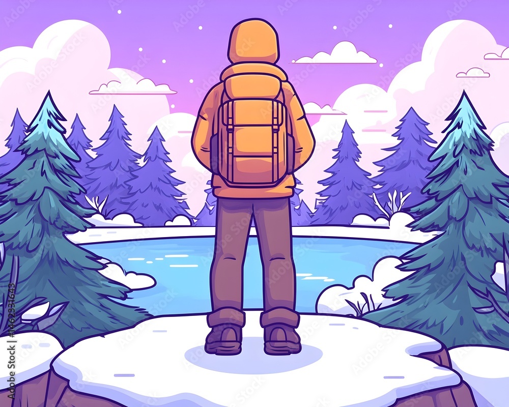 A lone figure, back to the viewer, stands on a snow-covered bank overlooking a frozen lake in a winter wonderland