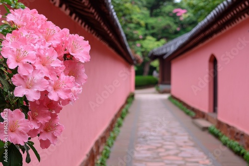 Pink Azaleas Bloom in a Japanese Garden Path