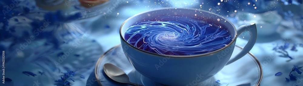 A magical cup swirling with a galaxy of stars and colors, isolated on a white background.