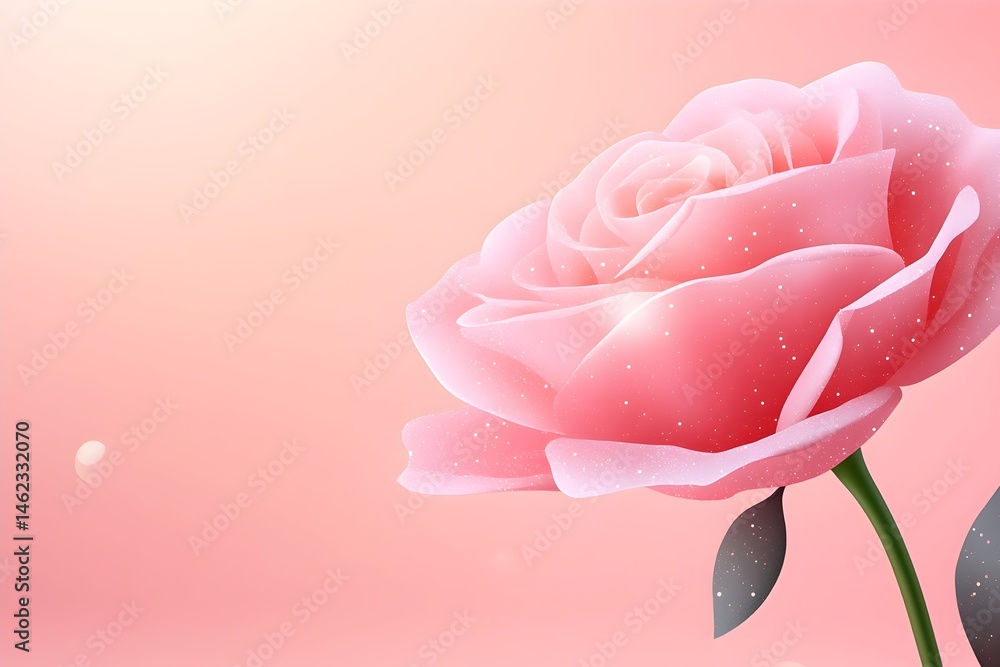 A single, delicate pink rose with glistening petals against a soft, peach background