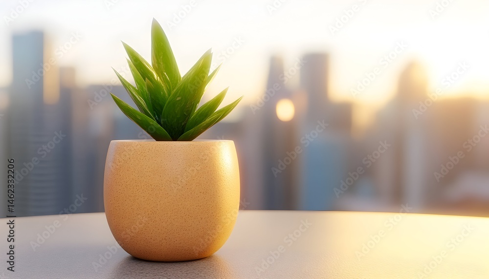 A small succulent in a light brown pot sits on a table overlooking a sunlit cityscape