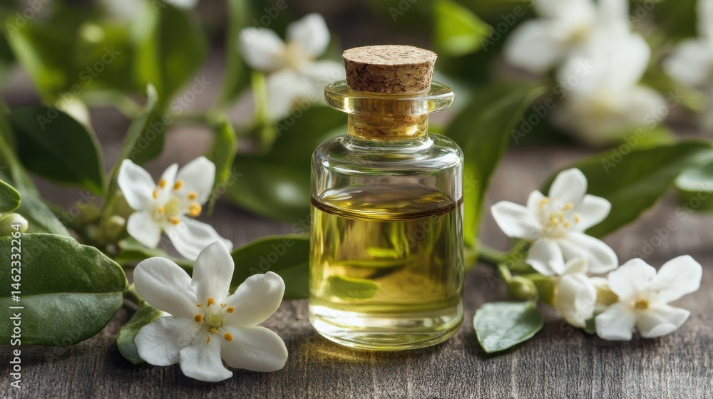 A glass bottle of oil surrounded by white flowers and green leaves, suggesting a natural and calming essence for skincare or aromatherapy. Jasmine essential oil A glass bottle of oil surrounded by white flowers and green leaves, suggesting a natural and calming essence for skincare or aromatherapy. Jasmine essential oil