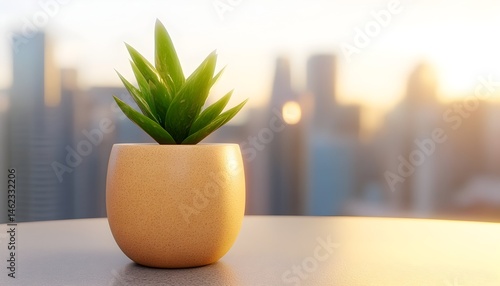 Obraz na płótnie A small succulent in a light brown pot sits on a table overlooking a sunlit cityscape w salonie
