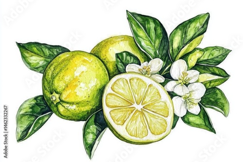 Vibrant watercolor illustration of bergamot citrus fruit. 