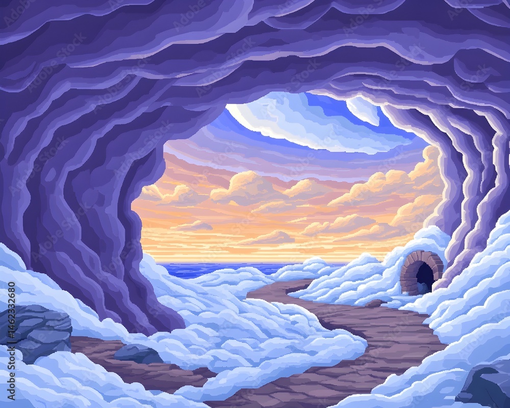 A winding path leads from a snow-covered cave mouth to a serene ocean vista under a sunset sky