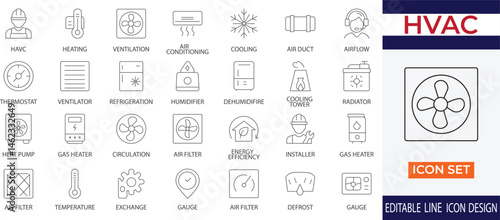 A modern set of HVAC icons representing heating, ventilation, air conditioning, temperature control, airflow, thermostats, cooling systems, and more line icons