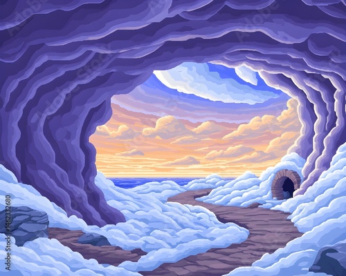 Obraz na płótnie A winding path leads from a snow-covered cave mouth to a serene ocean vista under a sunset sky w salonie