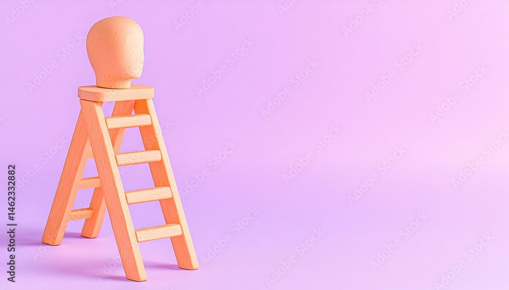Abstract mannequin head atop small orange ladder against a light purple backdrop