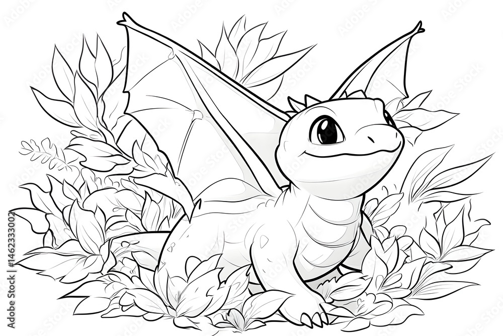 Adorable baby dragon nestled amongst lush foliage, looking upward with big, expressive eyes