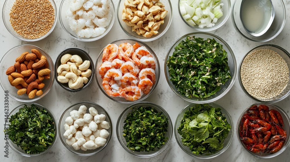 Assorted ingredients in small glass bowls Assorted ingredients in small glass bowls