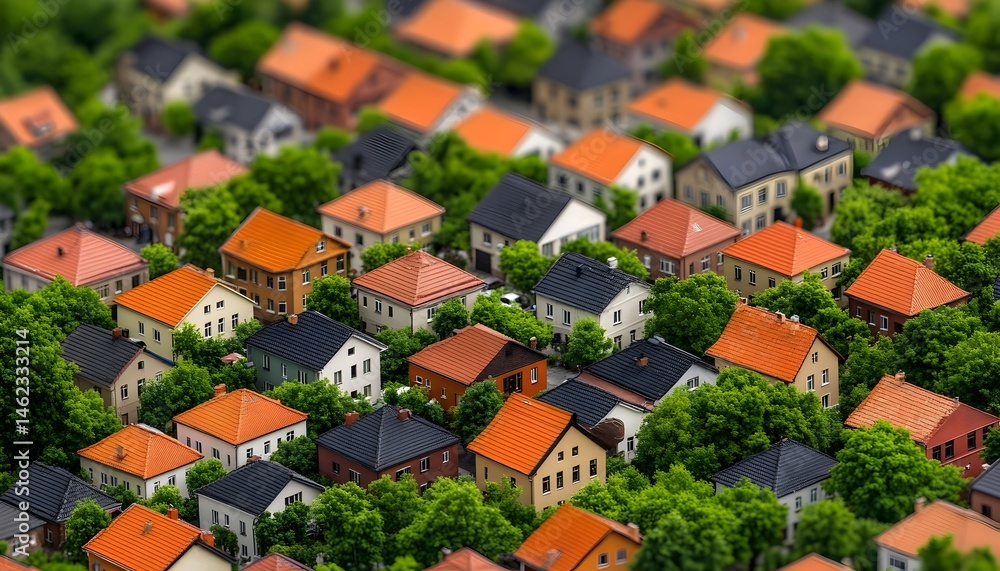 Aerial view of a dense residential area with diverse house styles and lush green trees