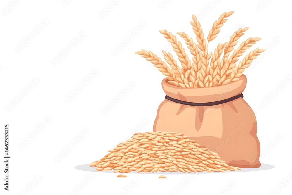 Burlap sack of wheat with grain pile