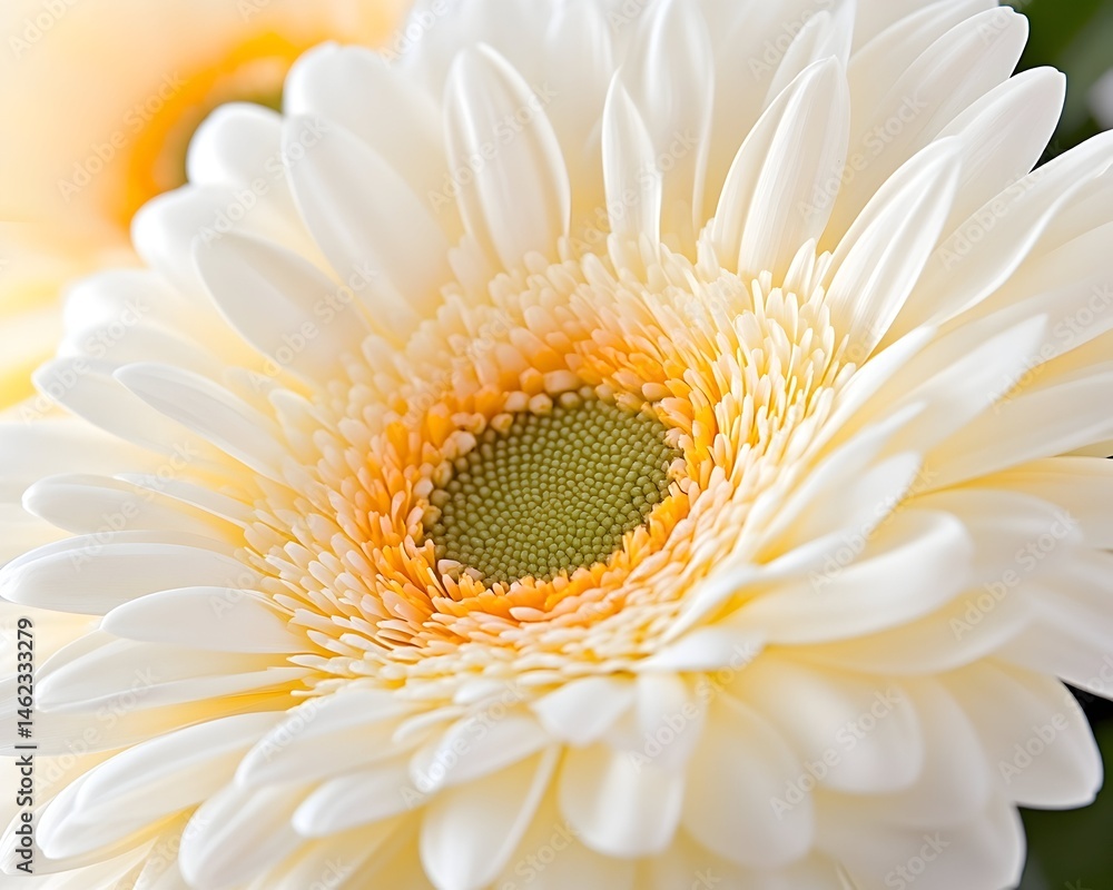 Close-up of a creamy white daisy-like flower with a detailed, textured center