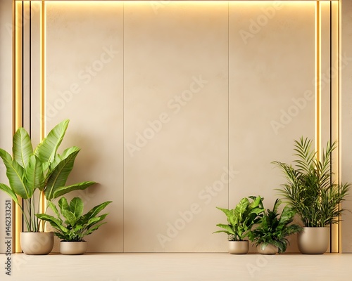 Beige wall with gold accents, flanked by potted plants