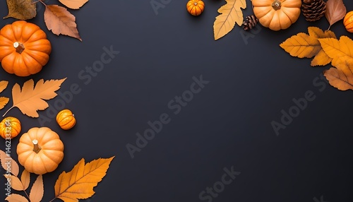 Autumnal arrangement with pumpkins & leaves on dark background