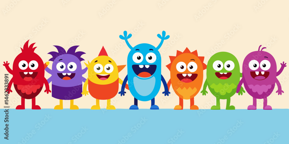 Happy Colorful Cartoon Monsters Group Illustration Happy Colorful Cartoon Monsters Group Illustration