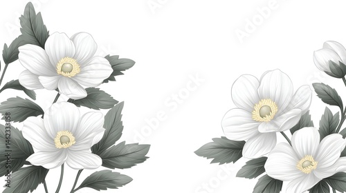 Elegant white flowers with gray-green leaves on a white background, creating a symmetrical design