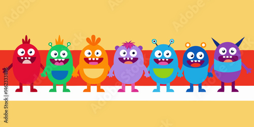 Happy Colorful Monsters Holding Hands Cartoon Illustration