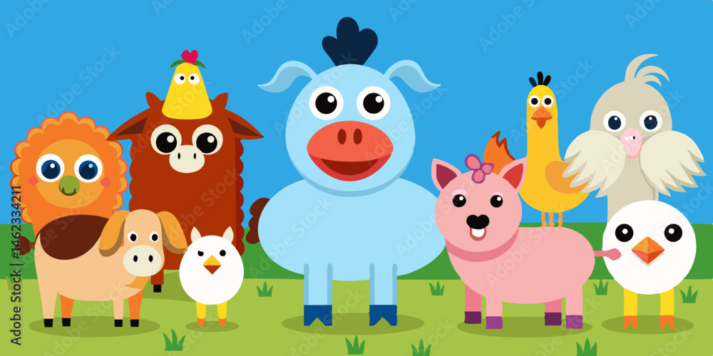 Fototapeta premium Adorable Cartoon Farm Animals Gathering Together
