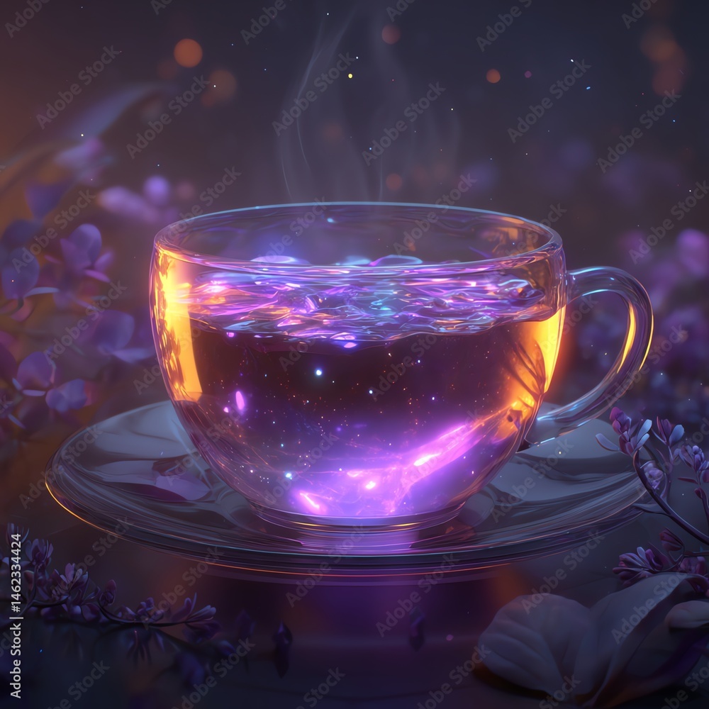A mystical cup of tea glowing with colors, surrounded by flowers, isolated.