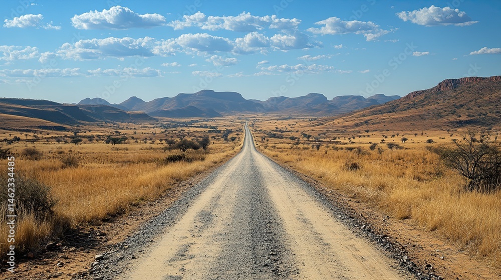 Fototapeta premium Explore namibia landscape: scenic desert road trip under blue sky with mountains and golden grass field views