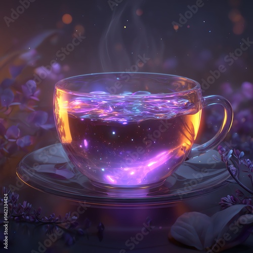 Obraz na płótnie A mystical cup of tea glowing with colors, surrounded by flowers, isolated. w salonie