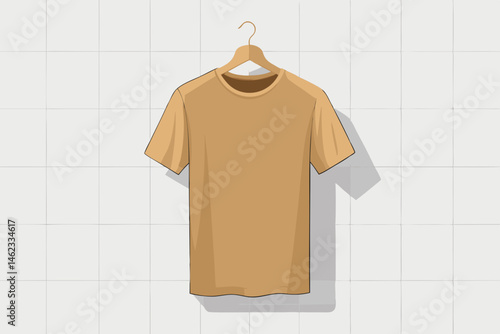 Beige T-Shirt Mockup on Wooden Hanger Against White Tiles