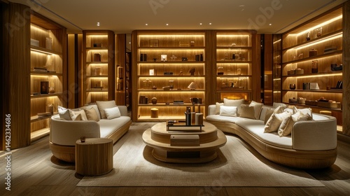 Luxurious, modern, wooden library lounge