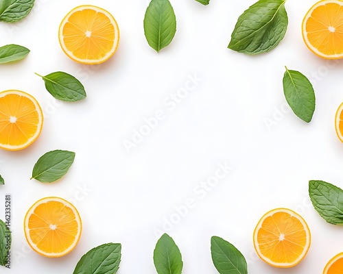 Lemon slices and mint leaves arranged in a frame on white background