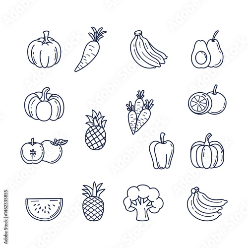 Simple Doodle Fruits and Vegetables Outline Illustration Set