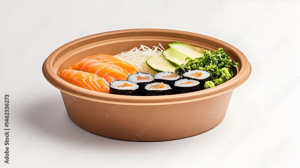 Salmon sashimi, sushi rolls, avocado, and seaweed salad in a bowl
