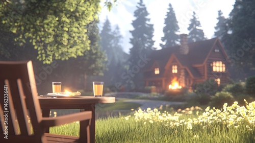 Obraz na płótnie Serene cabin scene with drinks, fire, and wildflowers w salonie