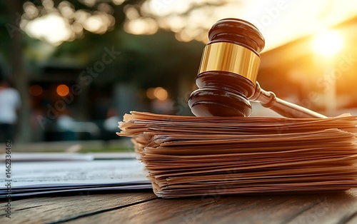 Wooden gavel atop legal documents