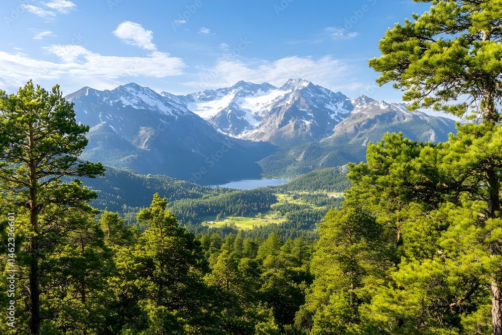Serene mountain lake nestled in a verdant valley, framed by snow-capped peaks and lush pine forest under a clear blue sky